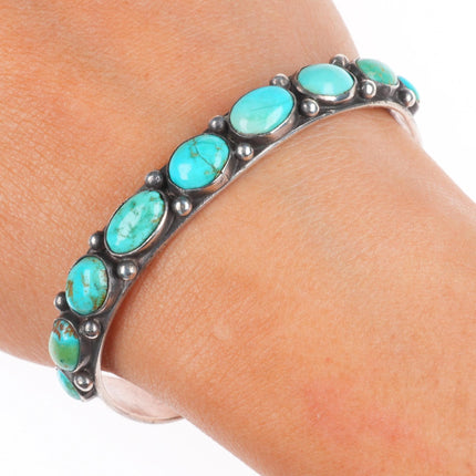 6.7" c1930's Navajo sterling silver turquoise row cuff bracelet stamped sides