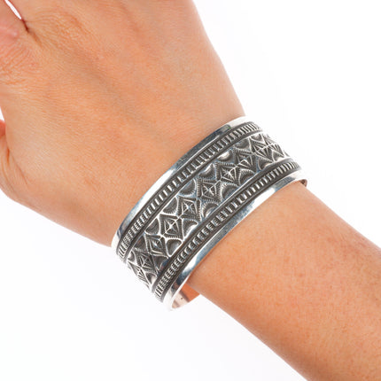 6.5" Freddie Maloney Navajo deep stamped sterling silver heavy cuff bracelet
