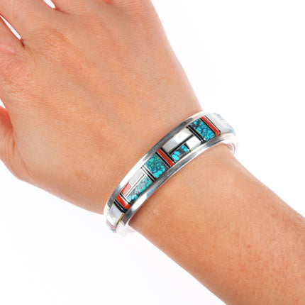 6.1" Sylvia Chee Navajo sterling silver, turquoise, coral, shell cuff bracelet