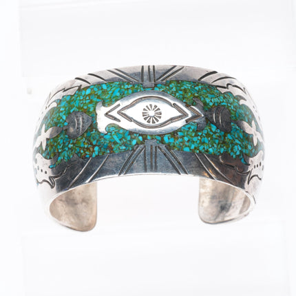 6" JVB Navajo sterling silver chip inlay turquoise Peyote Bird cuff bracelet