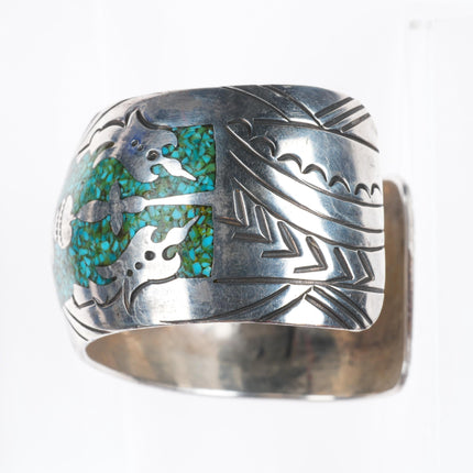 6" JVB Navajo sterling silver chip inlay turquoise Peyote Bird cuff bracelet