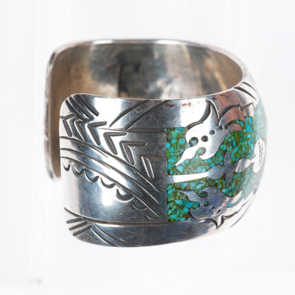 6" JVB Navajo sterling silver chip inlay turquoise Peyote Bird cuff bracelet