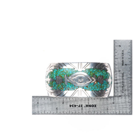 6" JVB Navajo sterling silver chip inlay turquoise Peyote Bird cuff bracelet