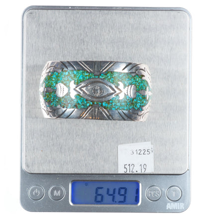 6" JVB Navajo sterling silver chip inlay turquoise Peyote Bird cuff bracelet