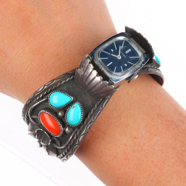 6.5" Vintage KM Navajo sterling silver turquoise/coral watch cuff bracelet