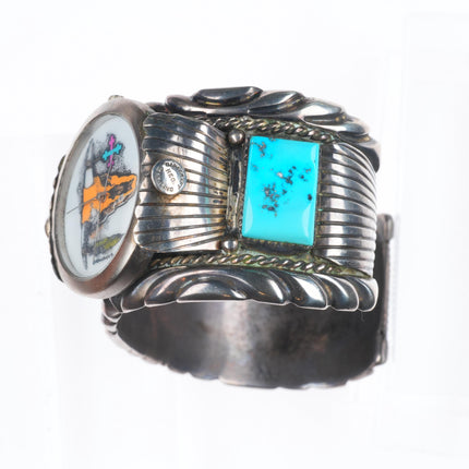 7.6" Ben Touchine vintage Navajo sterling silver turquoise watch cuff bracelet