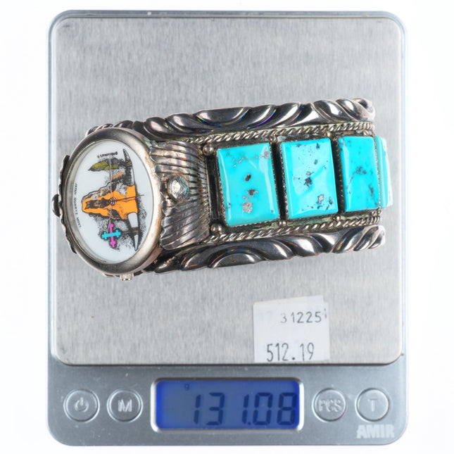 7.6" Ben Touchine vintage Navajo sterling silver turquoise watch cuff bracelet