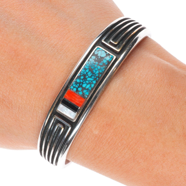 6" Albert Nells Navajo sterling silver spiderweb turquoise/coral cuff bracelet