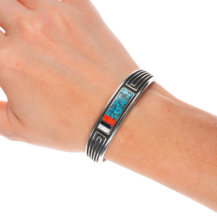 6" Albert Nells Navajo sterling silver spiderweb turquoise/coral cuff bracelet