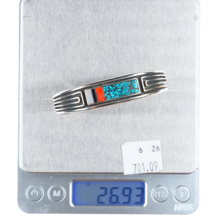 6" Albert Nells Navajo sterling silver spiderweb turquoise/coral cuff bracelet