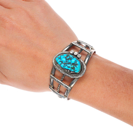 6" Vintage Navajo sterling silver Kingman turquoise twisted wire cuff bracelet