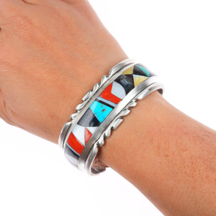 7" Wayne and Virginia Quam Zuni sterling silver intarsia inlay cuff bracelet
