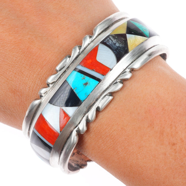 7" Wayne and Virginia Quam Zuni sterling silver intarsia inlay cuff bracelet