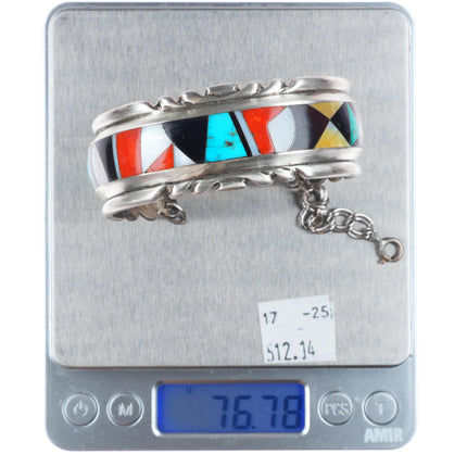 7" Wayne and Virginia Quam Zuni sterling silver intarsia inlay cuff bracelet