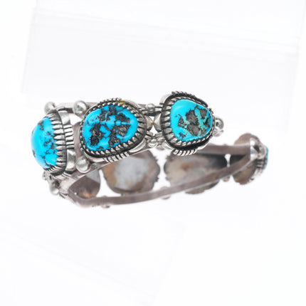 7" Vintage LF Navajo  sterling silver featherwork turquoise row cuff bracelet