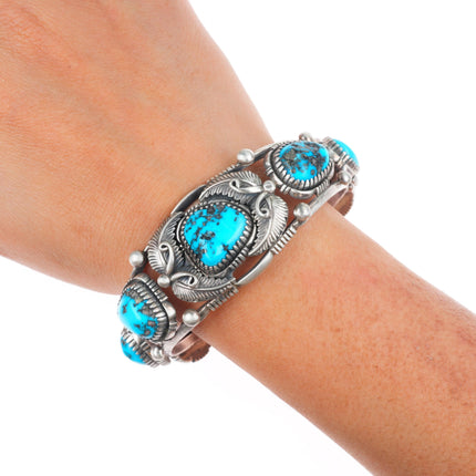 7" Vintage LF Navajo  sterling silver featherwork turquoise row cuff bracelet