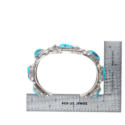 7" Vintage LF Navajo  sterling silver featherwork turquoise row cuff bracelet