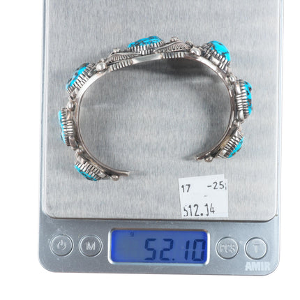 7" Vintage LF Navajo  sterling silver featherwork turquoise row cuff bracelet