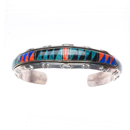 6.4" Tom David Navajo sterling silver channel inlay cuff bracelet web turquoise