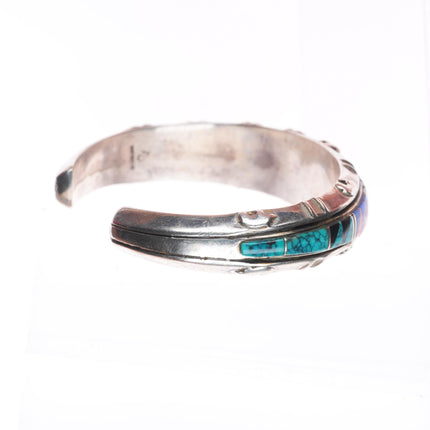 6.4" Tom David Navajo sterling silver channel inlay cuff bracelet web turquoise