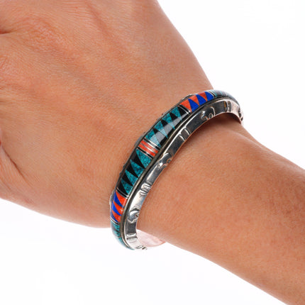 6.4" Tom David Navajo sterling silver channel inlay cuff bracelet web turquoise