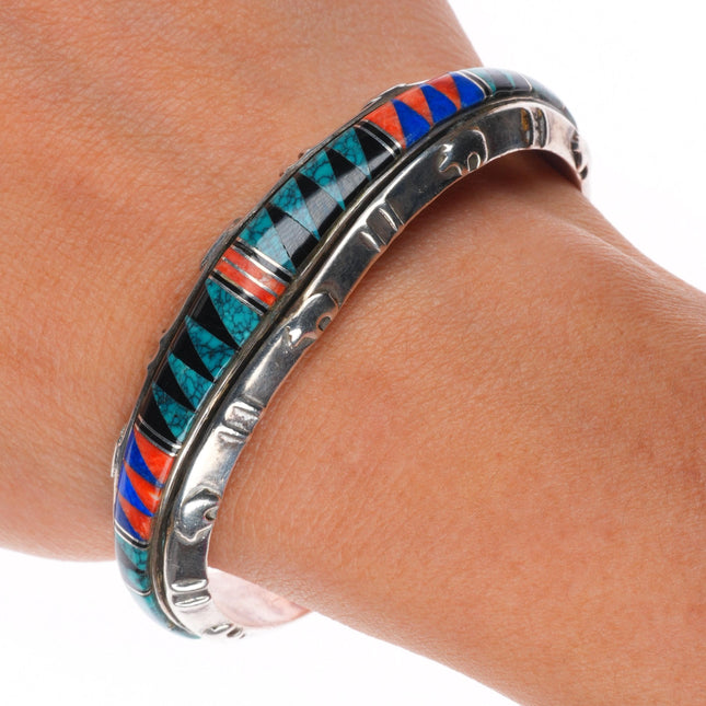 6.4" Tom David Navajo sterling silver channel inlay cuff bracelet web turquoise