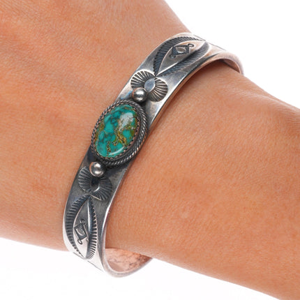 6.6" Robert Chee Navajo deep stamped sterling silver cuff bracelet w/turquoise
