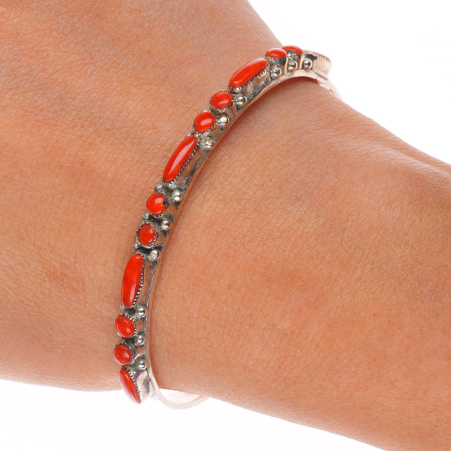 6.4" Vintage Zuni sterling silver red coral Dot-Dot-Dash Cuff bracelet