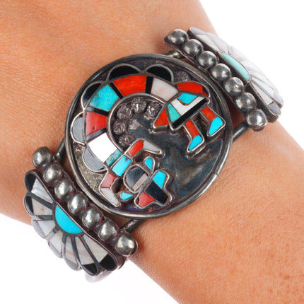 6.75" 40's-50's vintage Zuni sterling silver rainbow man inlay cuff bracelet
