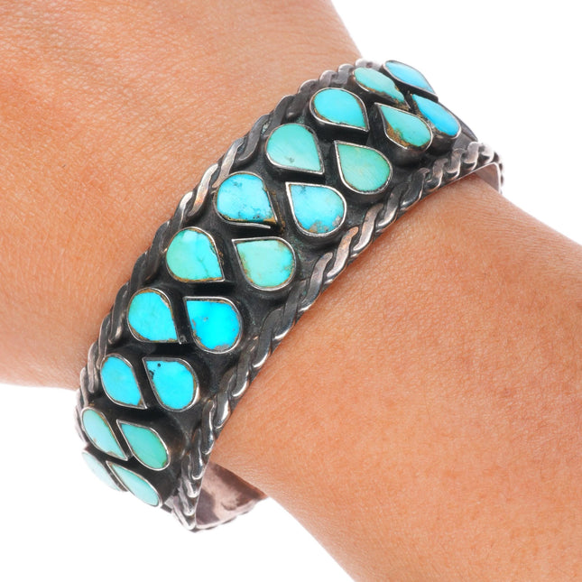 6.5" Vintage 40's-50's Zuni sterling silver flush inlay turquoise cuff bracelet
