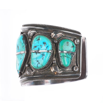 7.1" Vintage Navajo sterling silver wide snake eye turquoise cuff bracelet