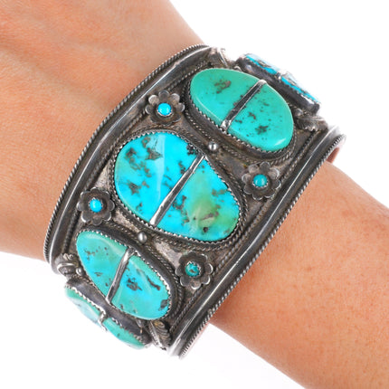 7.1" Vintage Navajo sterling silver wide snake eye turquoise cuff bracelet