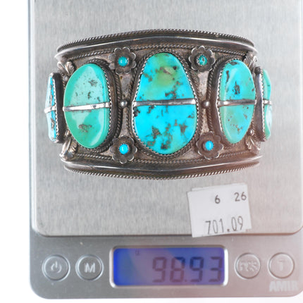 7.1" Vintage Navajo sterling silver wide snake eye turquoise cuff bracelet