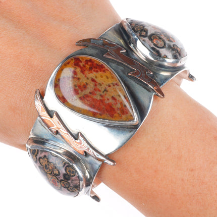 6.7" Victoria Masse Stoll southwestern sterling silver agate/jasper cuff bracelet