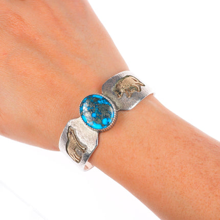 6.4" Dina Huntinghorse Morenci Turquoise 14k gold/sterling silver cuff bracelet
