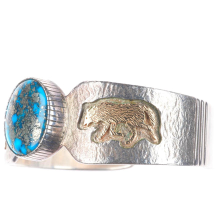 6.4" Dina Huntinghorse Morenci Turquoise 14k gold/sterling silver cuff bracelet