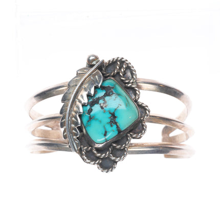 6.1" Vintage LC Navajo sterling silver turquoise feather bezel cuff bracelet