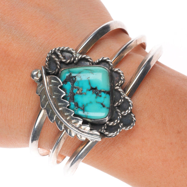 6.1" Vintage LC Navajo sterling silver turquoise feather bezel cuff bracelet