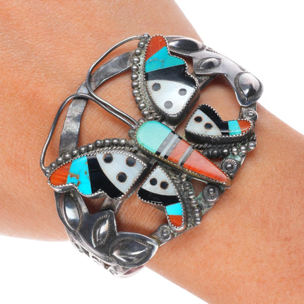 6.4" 1940's Vintage Zuni intarsia inlay sterling silver butterfly cuff bracelet