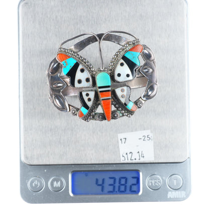 6.4" 1940's Vintage Zuni intarsia inlay sterling silver butterfly cuff bracelet