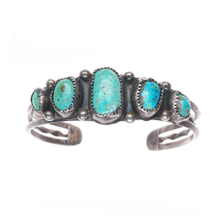 6" c1950 Vintage Navajo sterling silver 5 stone turquoise row cuff bracelet