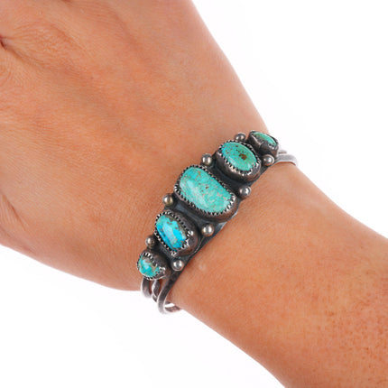 6" c1950 Vintage Navajo sterling silver 5 stone turquoise row cuff bracelet