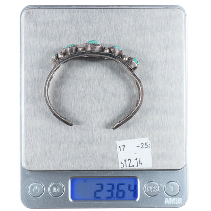 6" c1950 Vintage Navajo sterling silver 5 stone turquoise row cuff bracelet
