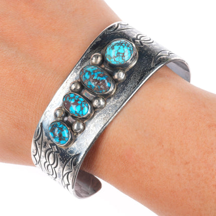 7" c1950's Heavy Spiderweb Bisbee Turquoise Navajo sterling silver cuff bracelet