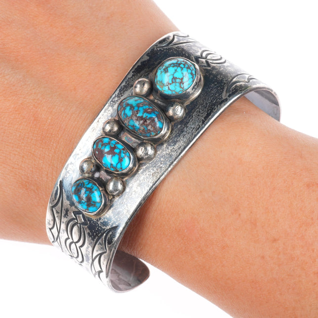 7" c1950's Heavy Spiderweb Bisbee Turquoise Navajo sterling silver cuff bracelet
