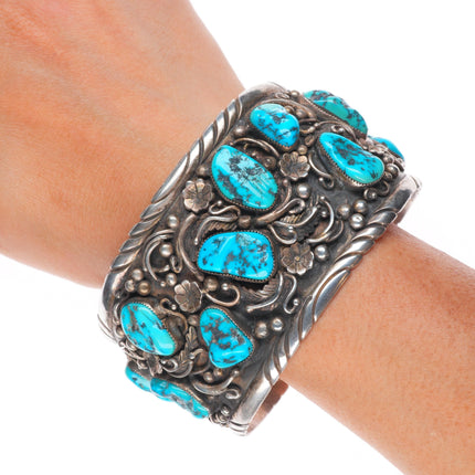 8.5" Huge Vintage Navajo sterling silver turquoise nugget cuff bracelet