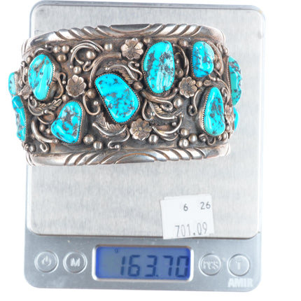 8.5" Huge Vintage Navajo sterling silver turquoise nugget cuff bracelet