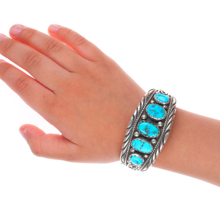 5" Vintage Navajo sterling silver Child's turquoise row cuff bracelet