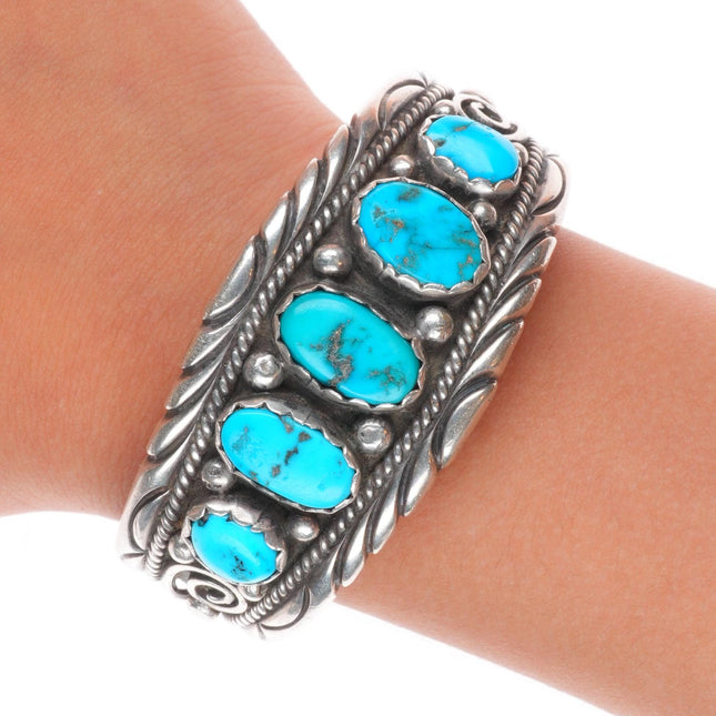 5" Vintage Navajo sterling silver Child's turquoise row cuff bracelet