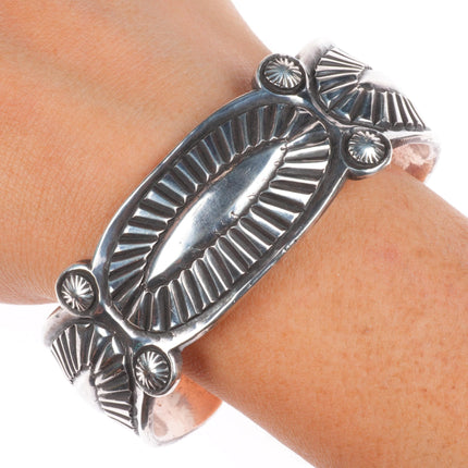 7" Vintage Navajo chiseled sterling silver repousse cuff bracelet